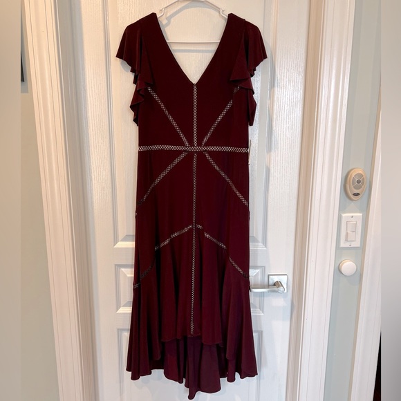 Taylor Burgundy Blush Ruffle Sleeve High Low Knit Midi Dress - Picture 3 of 9